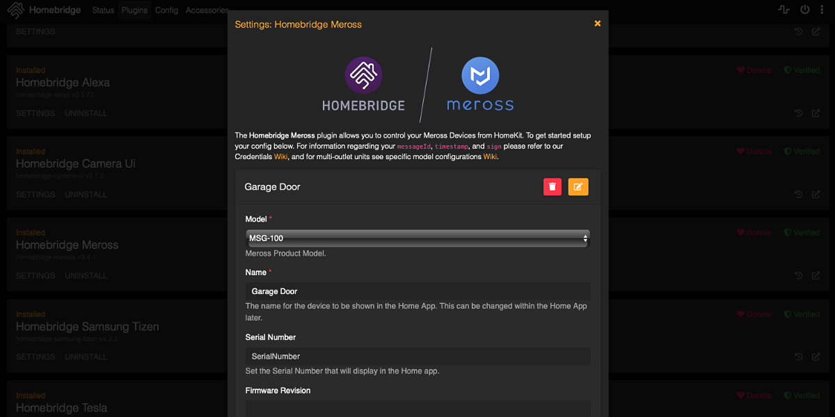 Homebridge MSG100 Meross Garage Door Opener Settings screen