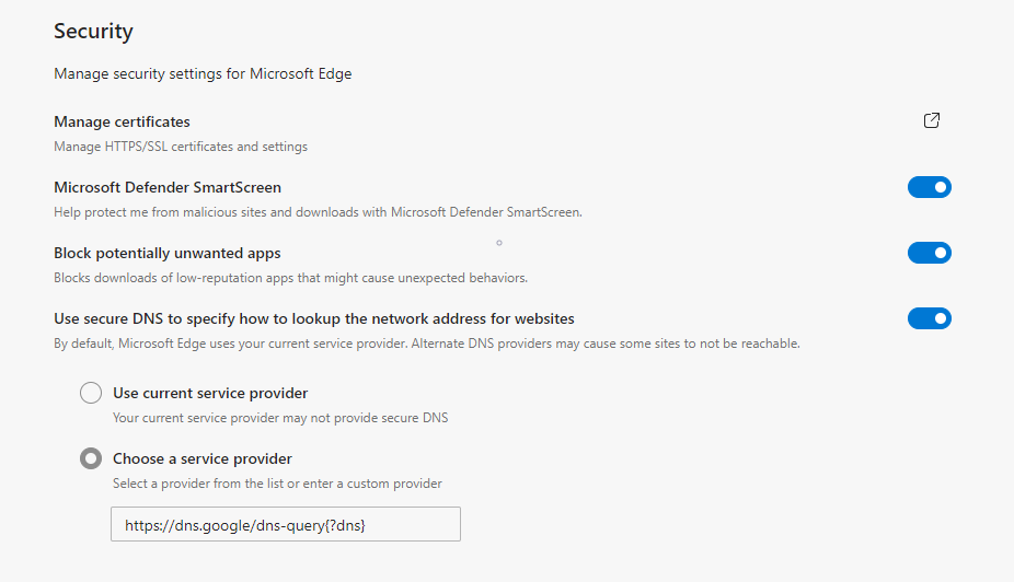 Microsoft Edge Change DNS Provider